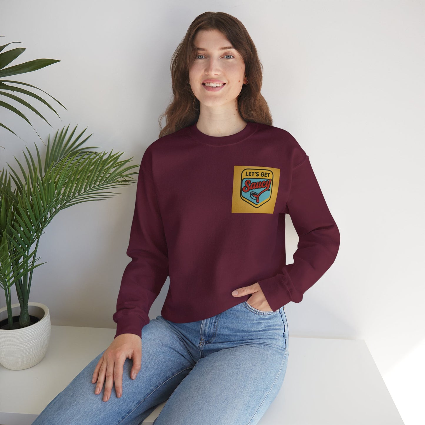 Vintage Let's Get Saucy Unisex Sweatshirt, Fun Gift for Foodies, Trendy Lounge Wear, Cozy Casual Attire, Perfect for Parties, Holidays